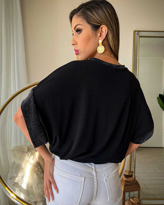 Polera Patti Color Negro Manga Brillos