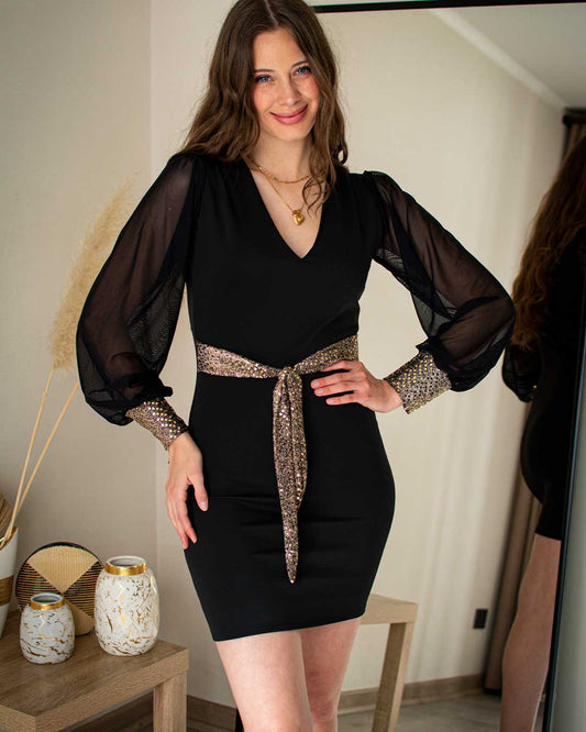 Minivestido Sophie Negro Brillos Dorado