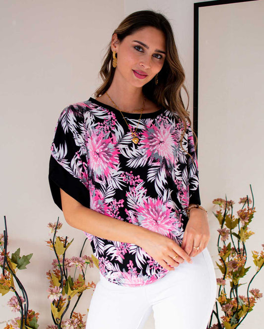 Polera Patti Floreado Rosa Manga Color Negro