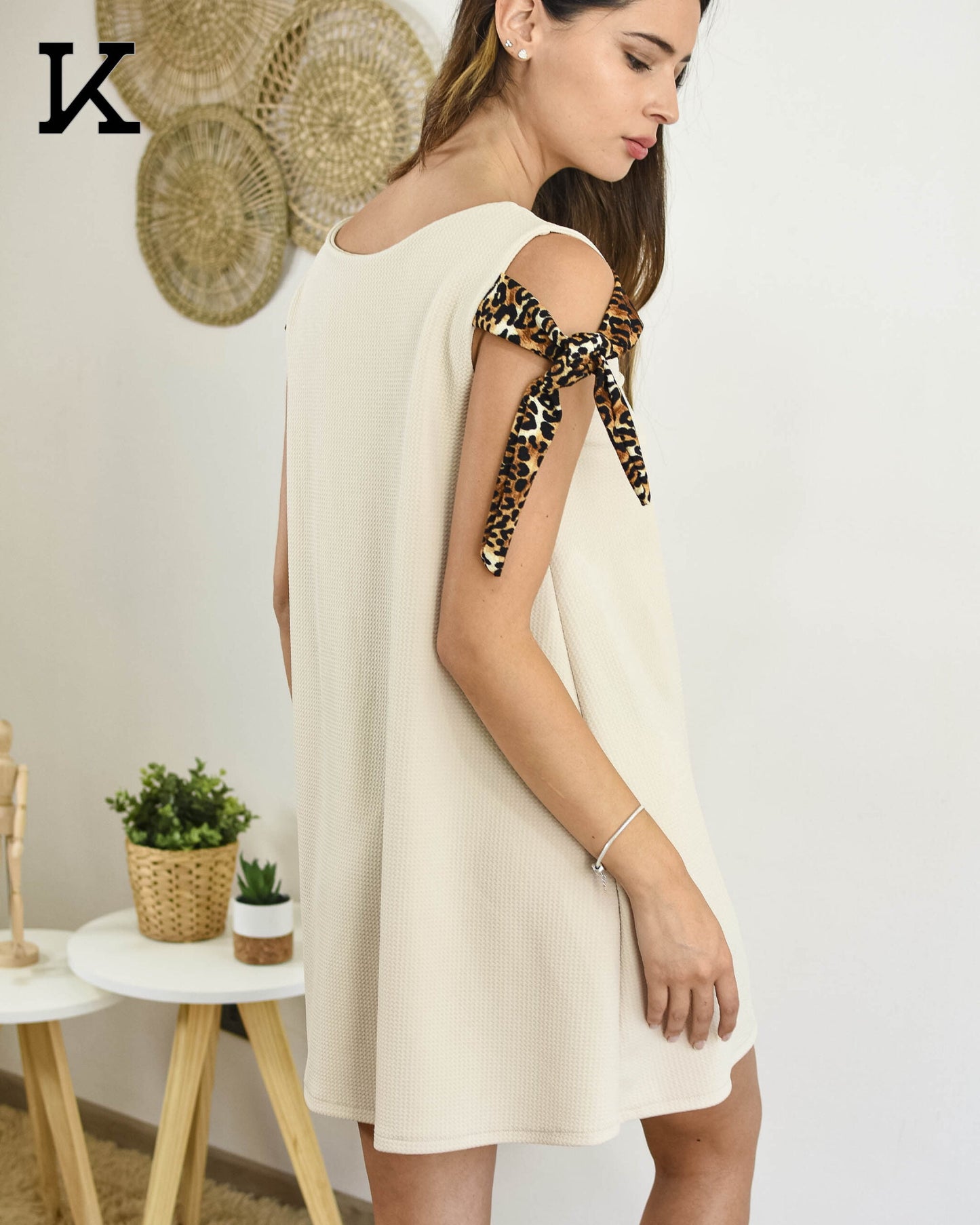 Minivestido Naomi - Beige con Lazos Print