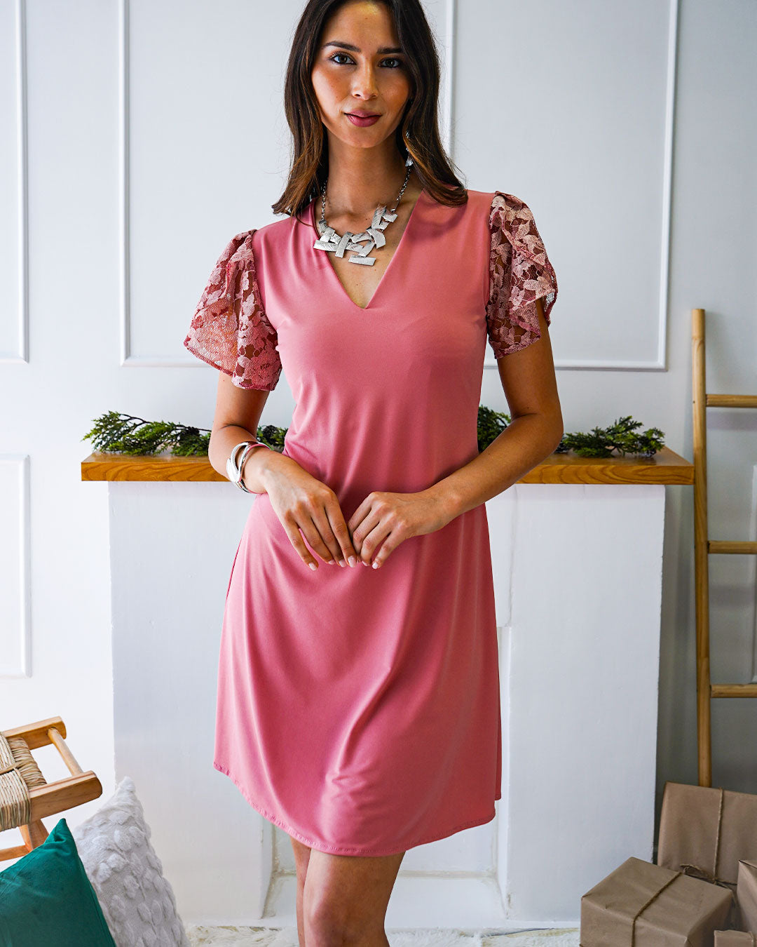 Vestido Pink Manga Floreada